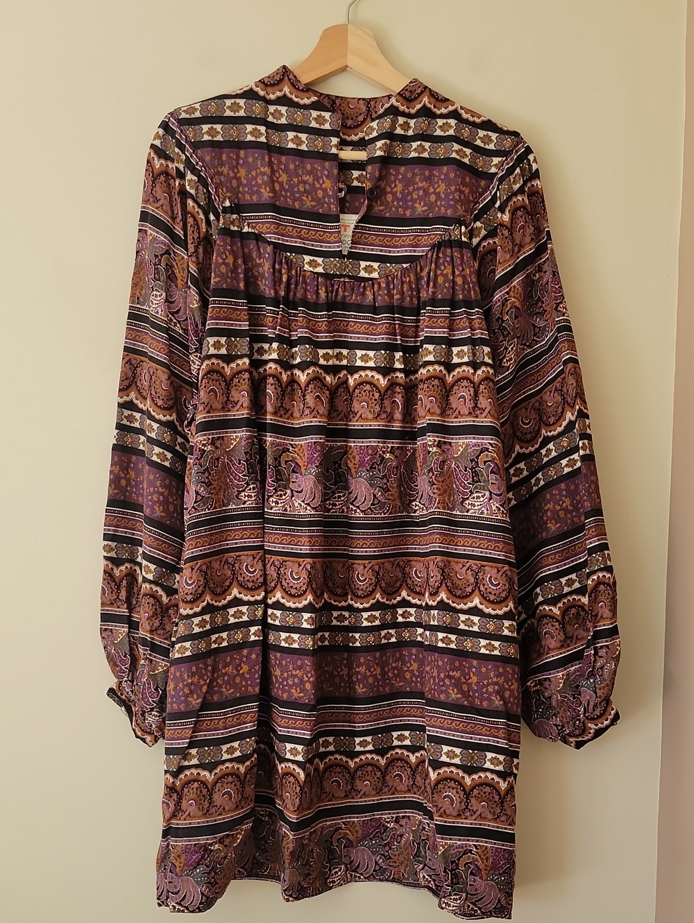 Vintage 70s Boho Purple Paisley Print Rayon Balloon Sleeve Mini Tunic Dress M